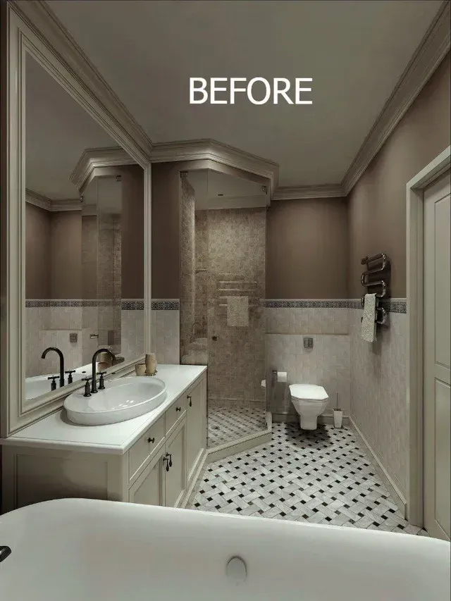 A before picture of a bathroom with a sink and toilet.