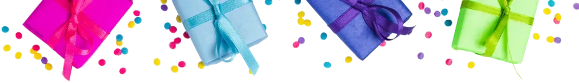 a row of colorful gifts with confetti falling from the ceiling