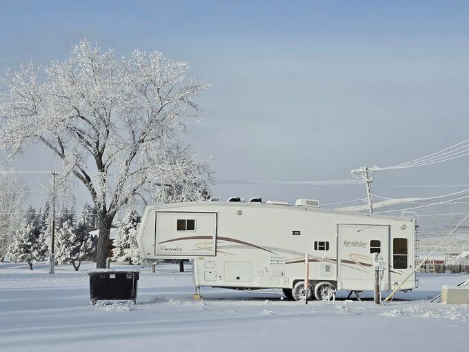A rv is parked in the snow next to a tree covered in snow.
