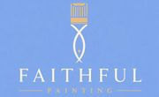 Faithful Painting logo with a white fish and paintbrush on a blue background