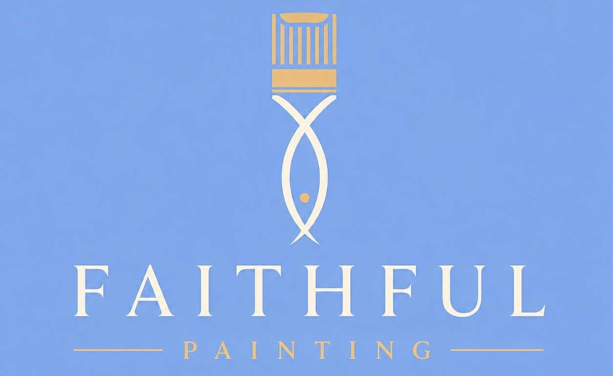 Faithful Painting logo with a white fish and paintbrush on a blue background