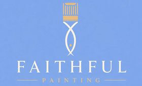 Faithful Painting logo with a white fish and paintbrush on a blue background