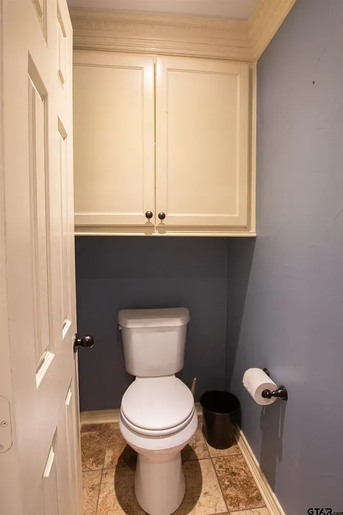 Small bathroom with a white toilet, dark gray walls, beige cabinets, and a toilet paper holder.