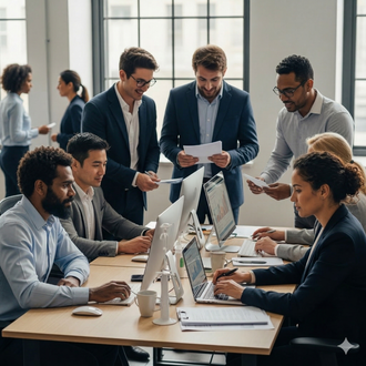 Une équipe de professionnels aux profils variés collabore dans un bureau moderne et lumineux, réunis autour de bureaux 