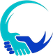 Un logo stylisé représentant une main turquoise et une main bleue se serrant la main, formant un cercle.