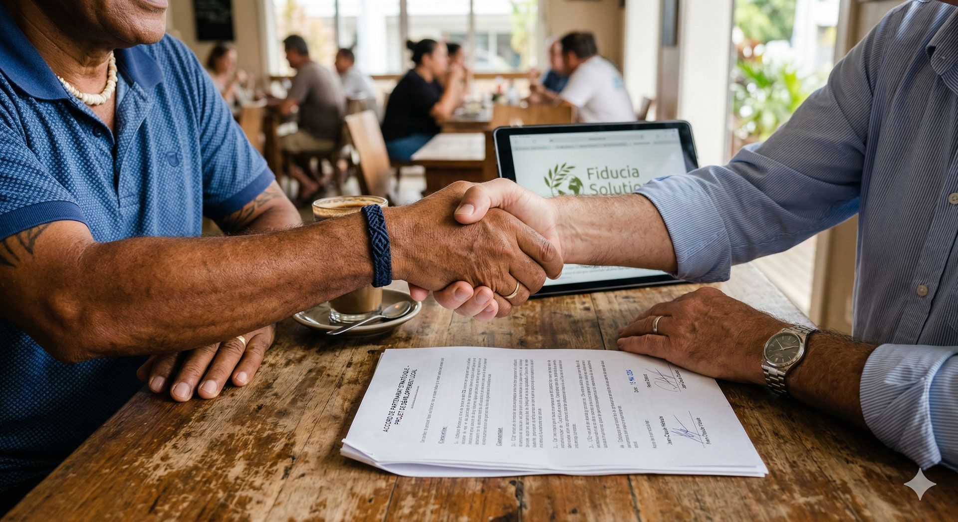 Deux personnes se serrent la main au-dessus d'un document et d'un ordinateur portable posés sur une table en bois