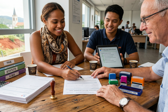 Trois personnes sont assises à une table en bois dans un bureau, travaillant avec des documents, des timbres et une tablette.