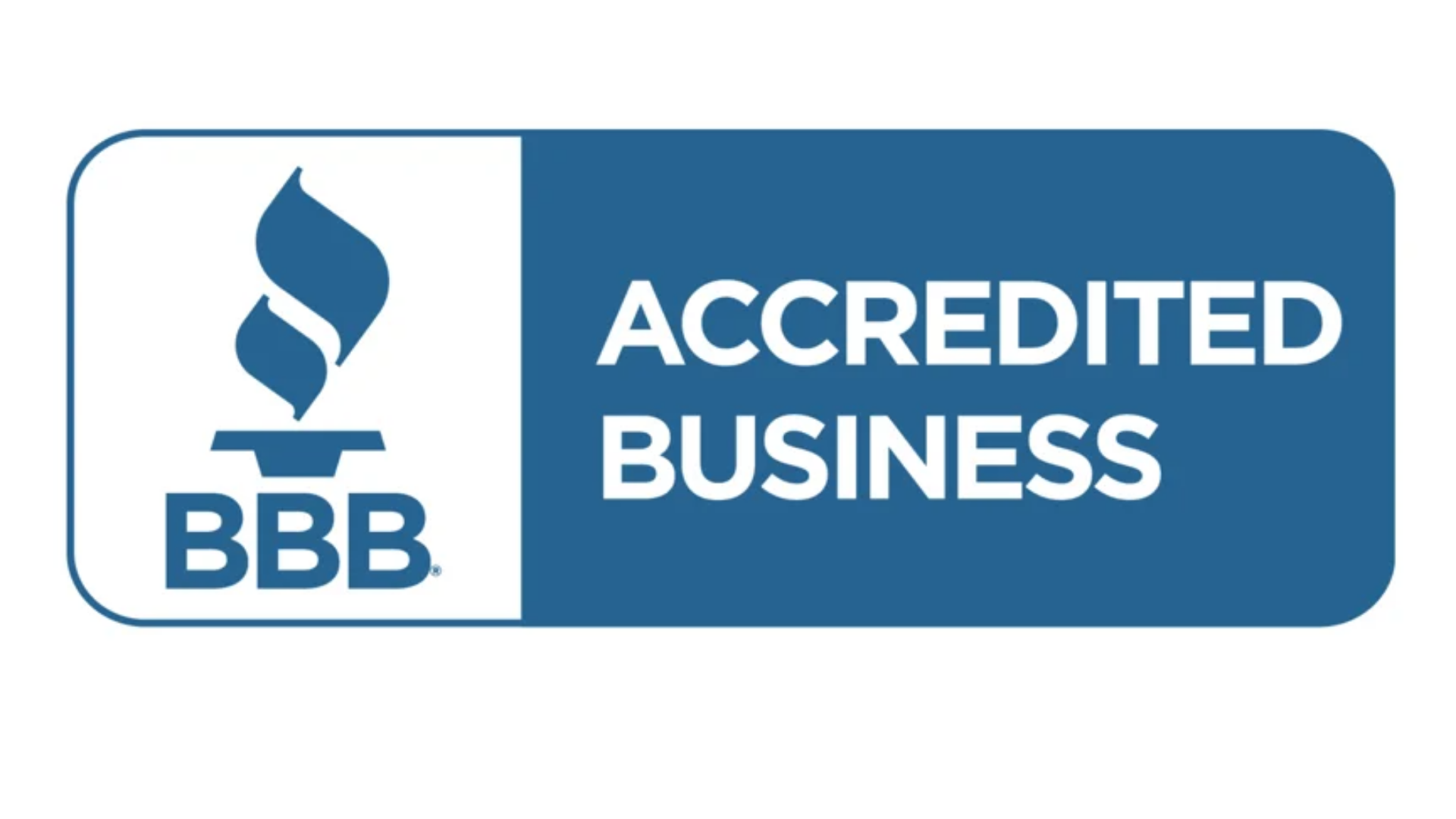 BBB Accredited Business badge in white and blue, featuring a flame symbol.