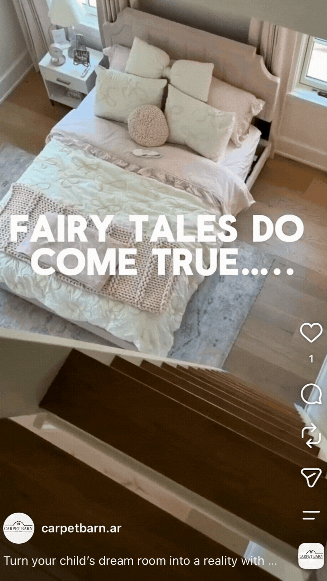 Cozy white bed with pillows and fairy lights in a bedroom, overlaid with “FAIRY TALES DO COME TRUE…”