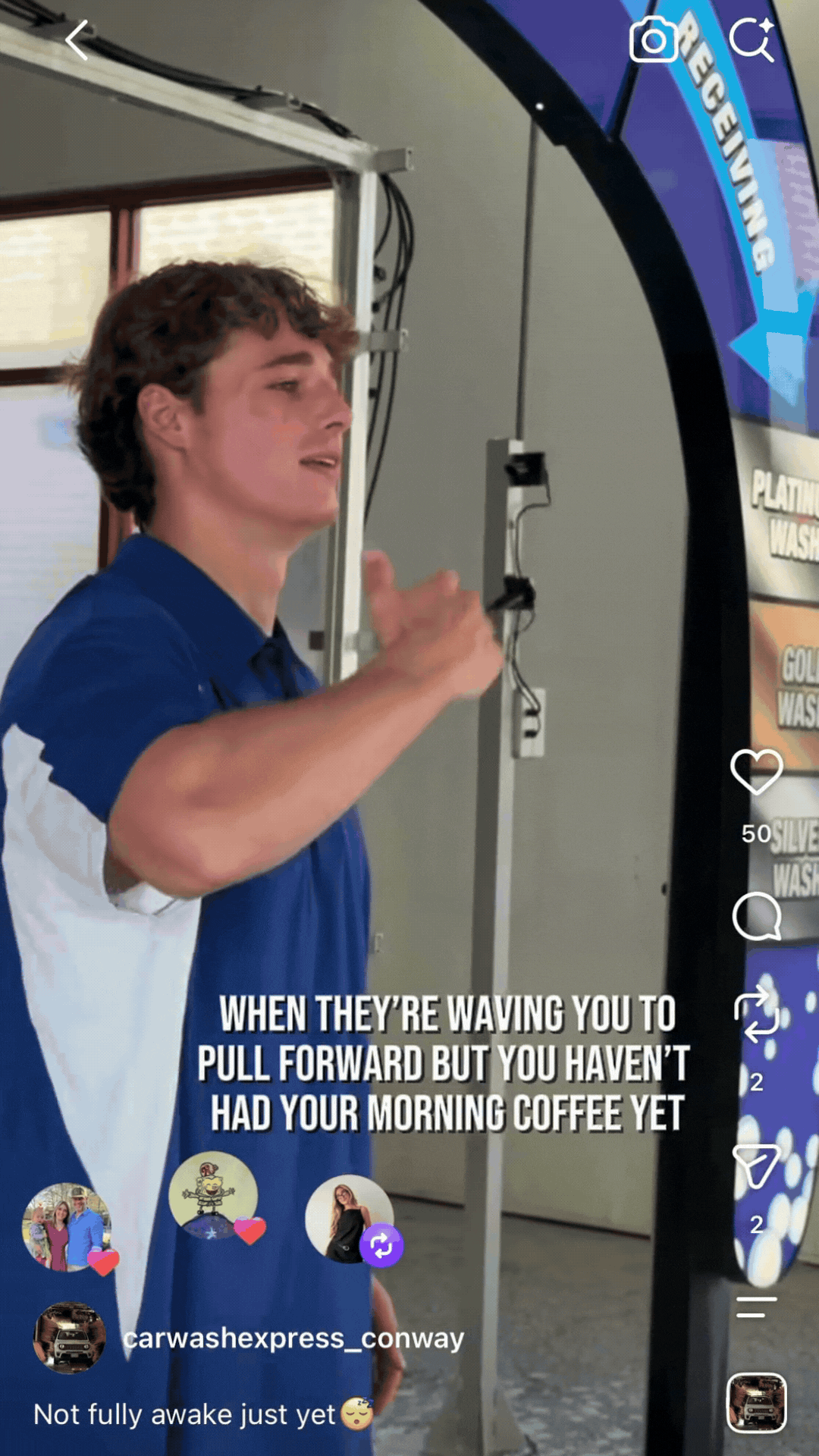 Man in blue shirt speaking beside a vending machine, with caption text overlaid on the image.