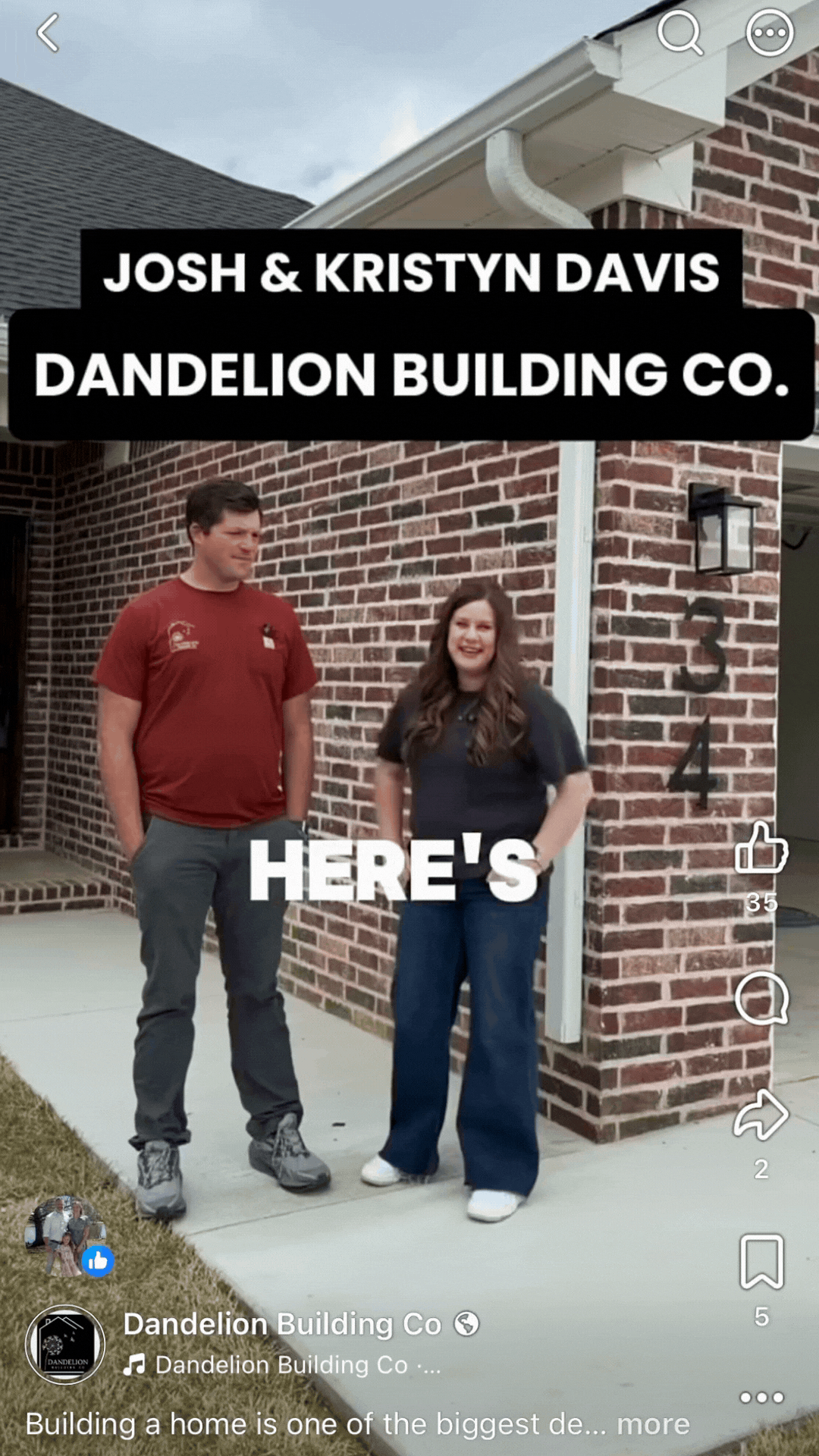 Josh and Kristyn Davis of Dandelion Building Co. standing outside a brick house with “HERE’S” text overlay.
