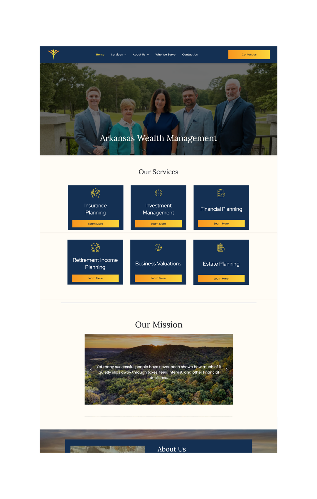 Arkansas Wealth Management website homepage with team banner, six service tiles, and a landscape photo section