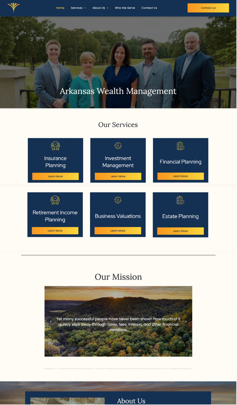 Arkansas Wealth Management website homepage with team banner, six service tiles, and a landscape photo section