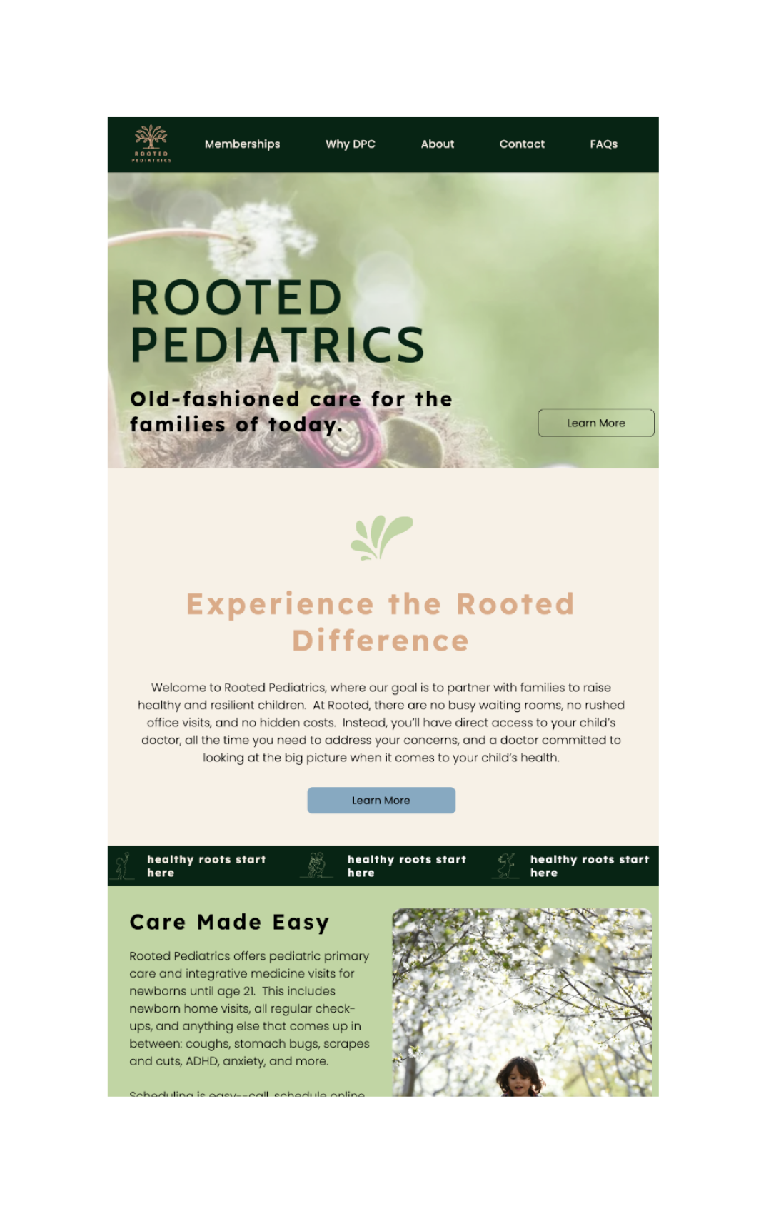 Rooted Pediatrics website homepage with green floral header and “Experience the Rooted Difference” banner