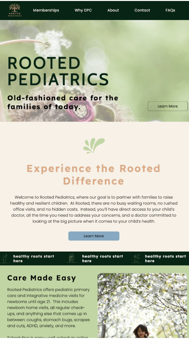 Rooted Pediatrics website homepage with green floral header and “Experience the Rooted Difference” banner