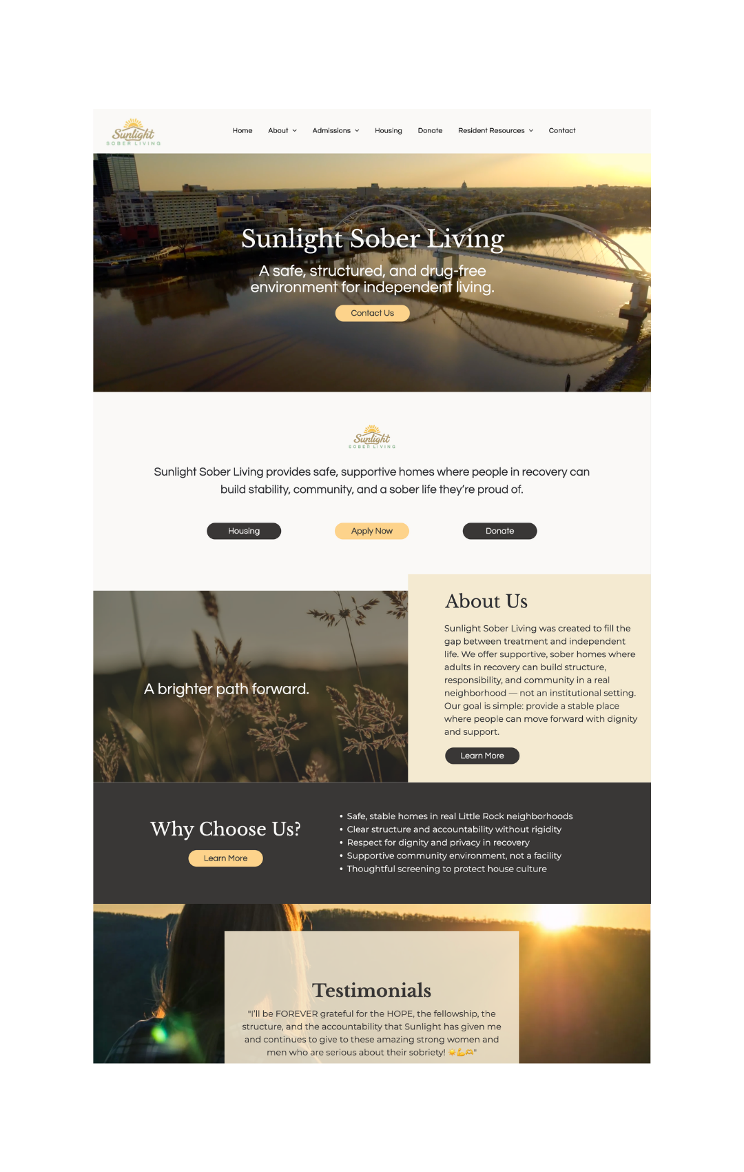Sunlight Sober Living homepage with sunset hero image, booking buttons, and event information panels