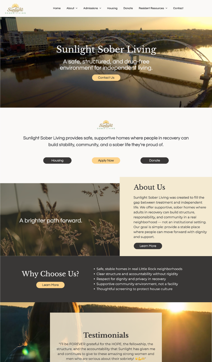 Sunlight Sober Living homepage with sunset hero image, booking buttons, and event information panels