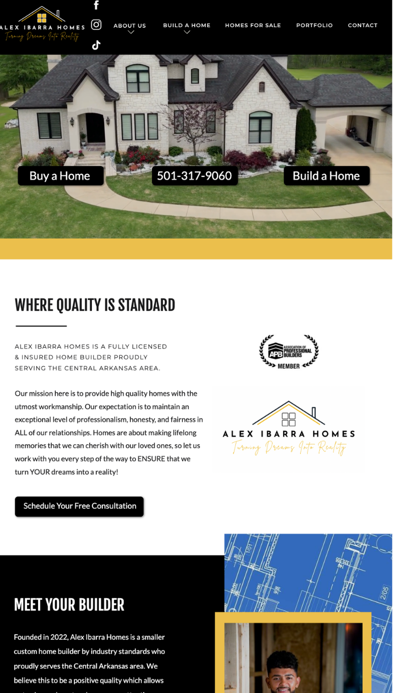 Real estate website with home hero banner, text blocks, and blue feature section