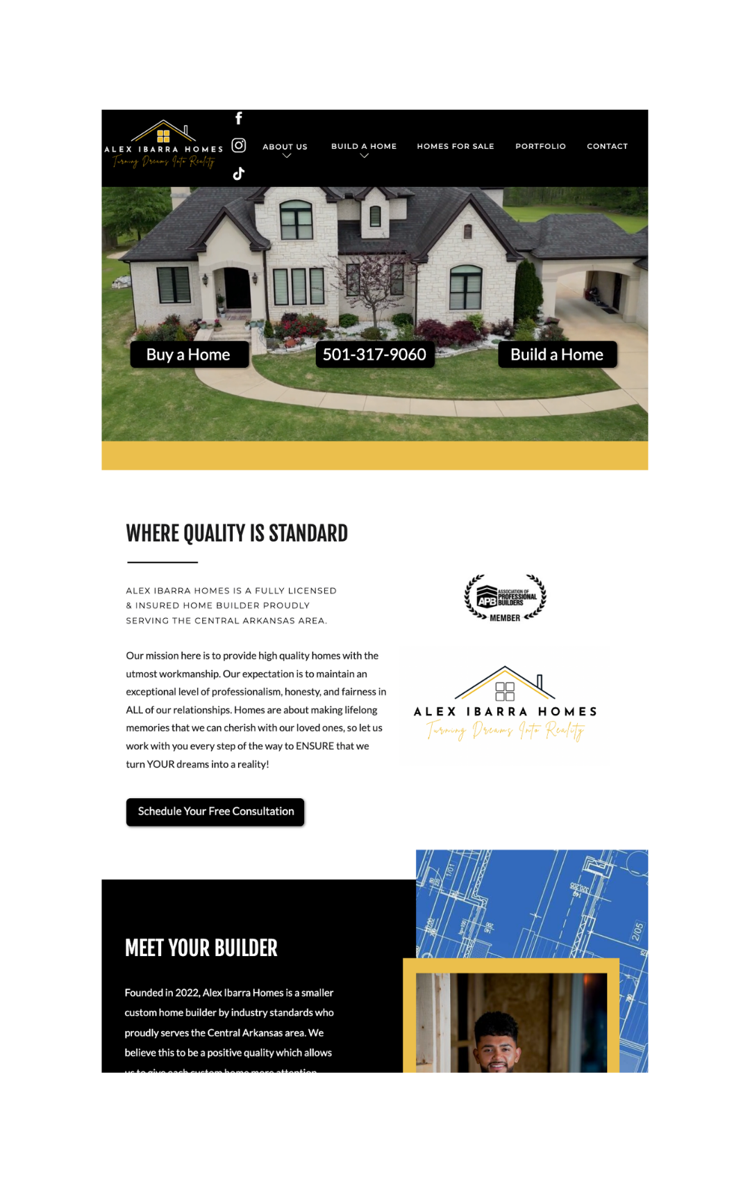 Real estate website with home hero banner, text blocks, and blue feature section