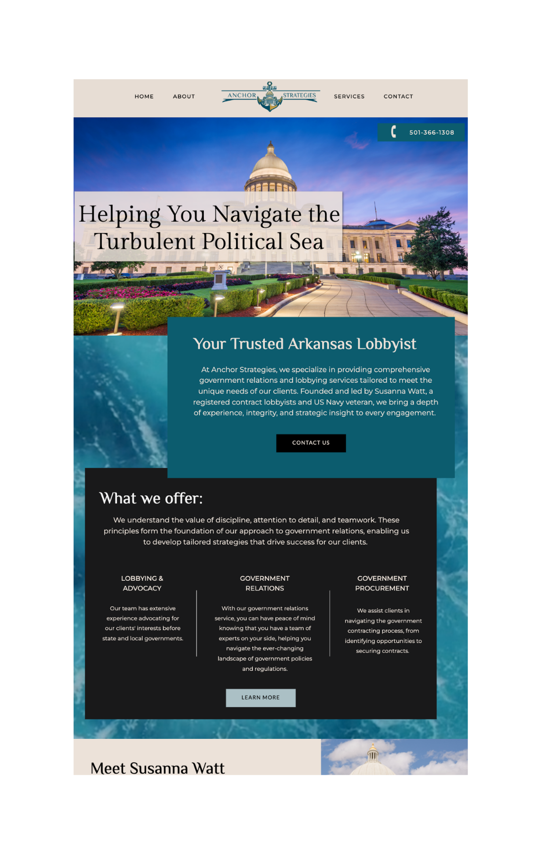 Lobbyist website homepage with the Little Rock Capitol dome, teal overlay, and resort listings