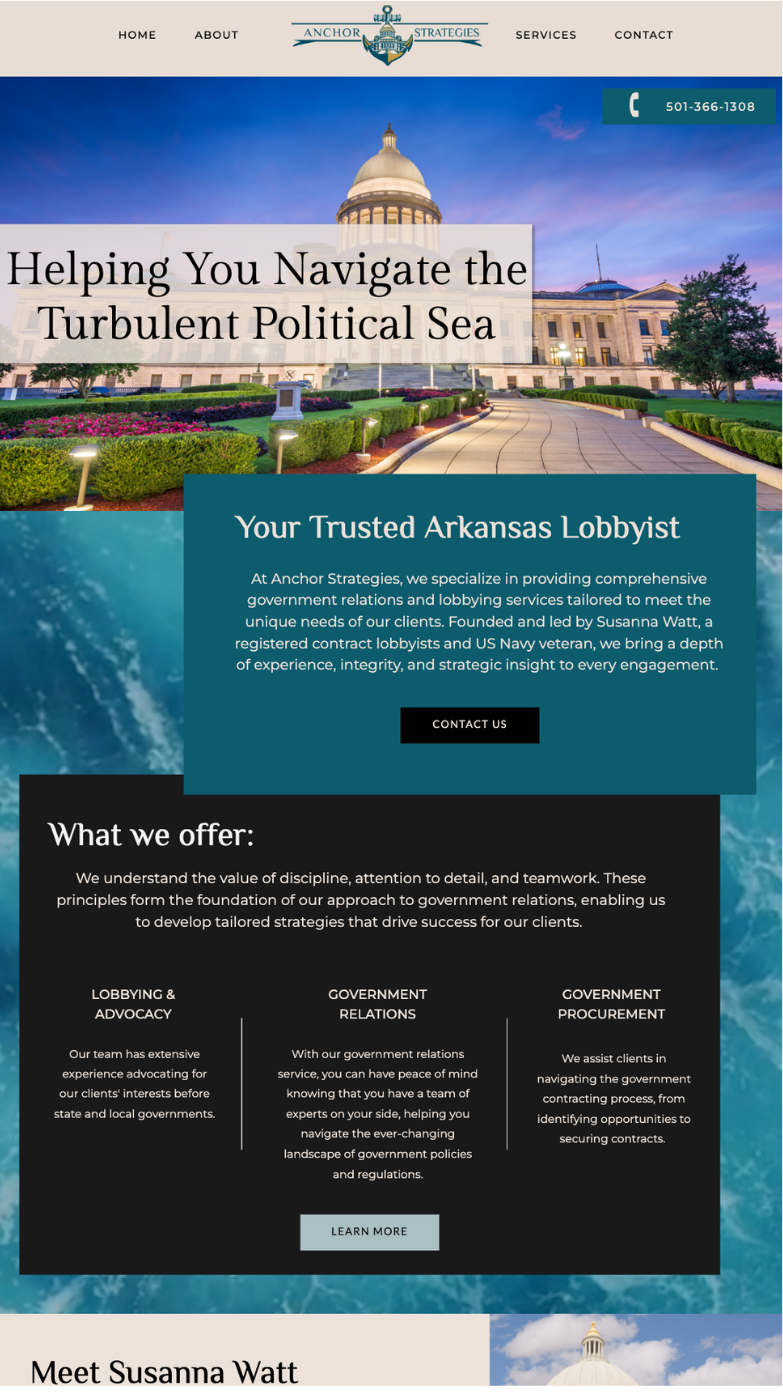 Lobbyist website homepage with the Little Rock Capitol dome, teal overlay, and resort listings