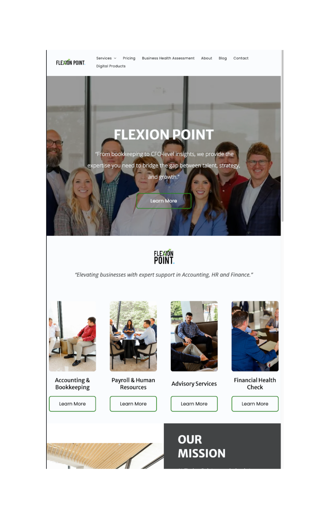 FLEXION POINT website homepage with a team photo and service cards on a clean white layout