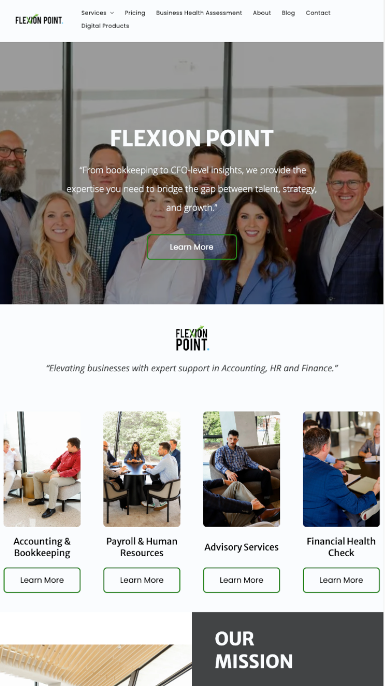 FLEXION POINT website homepage with a team photo and service cards on a clean white layout