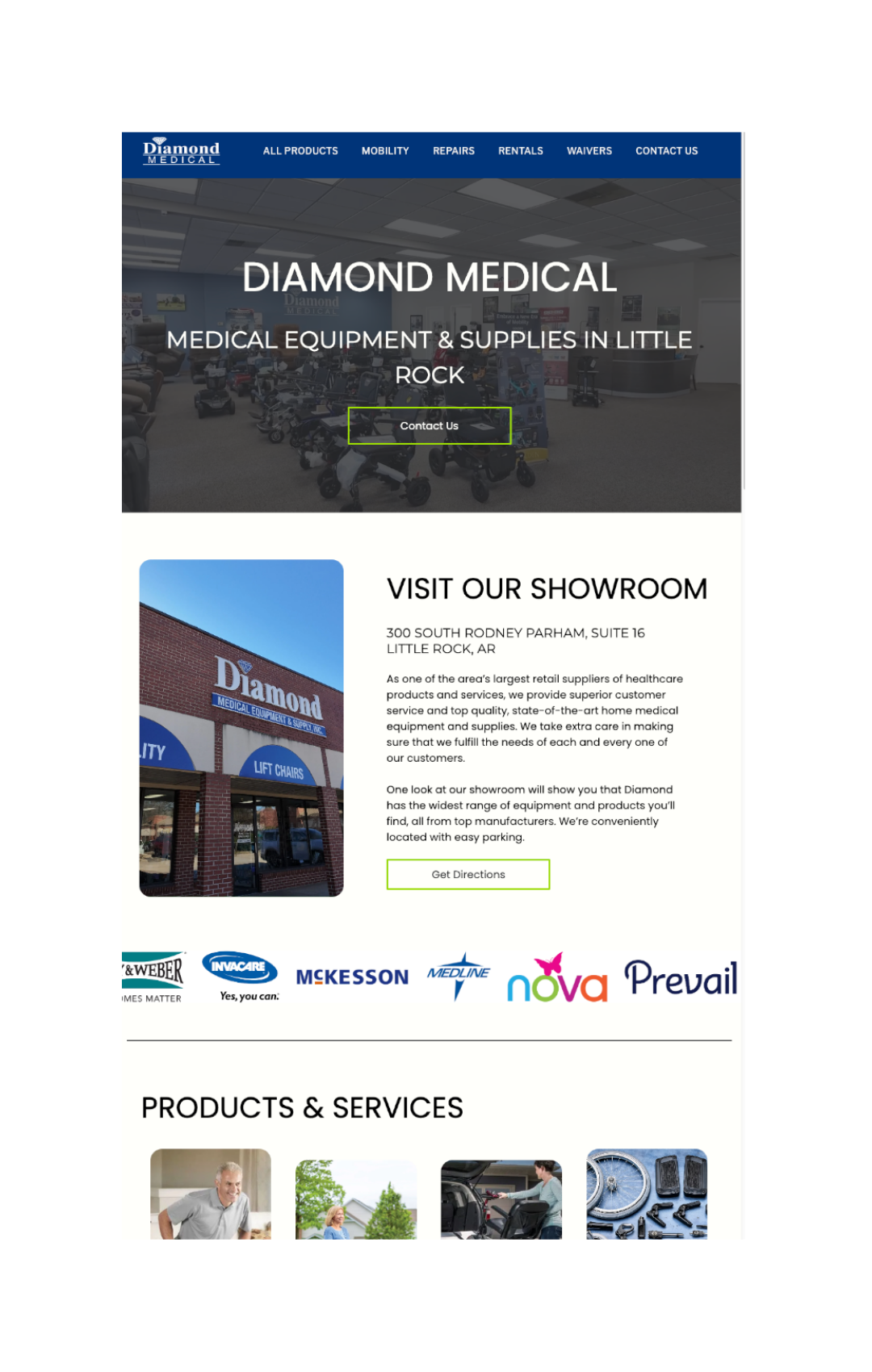 Diamond Medical website homepage with showroom info, product images, and blue header banners