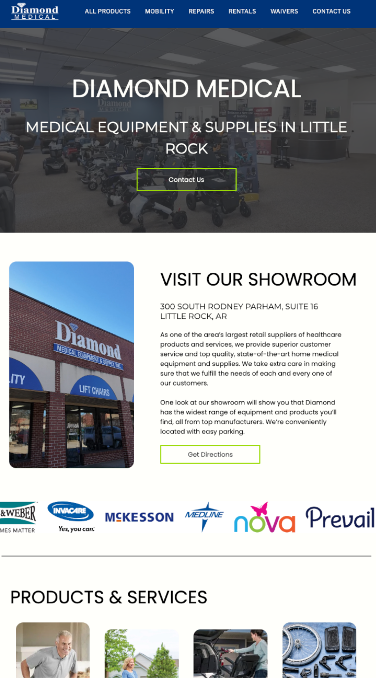 Diamond Medical website homepage with showroom info, product images, and blue header banners