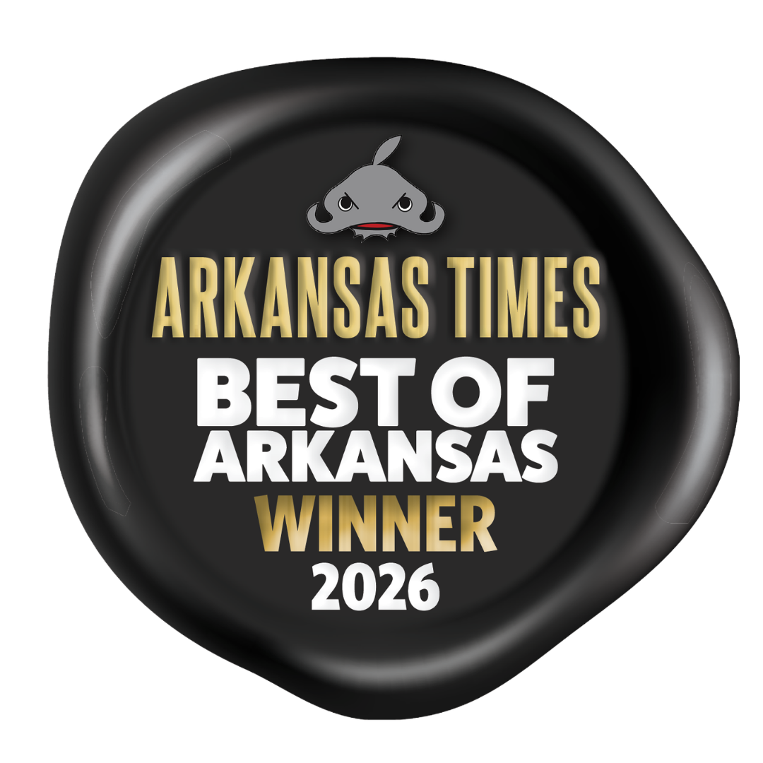 Black “Arkansas Times Best of Arkansas Winner 2026” award badge with gray bull logo