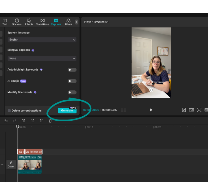 Screenshot of the CapCut editor with the generate captions button circled.