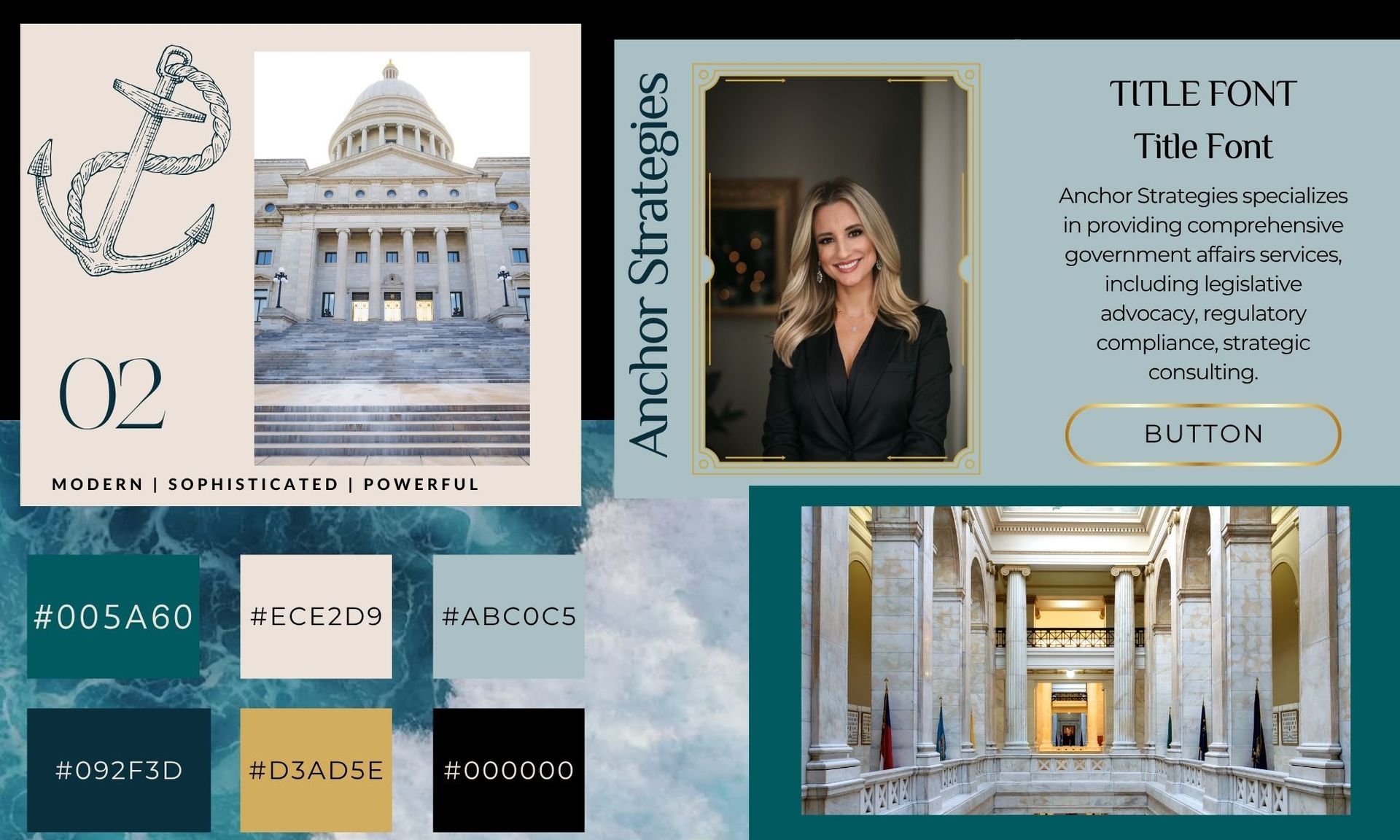 Luxury branding mood board with Roman architecture, gold accents, blue palette, and portrait of a woman