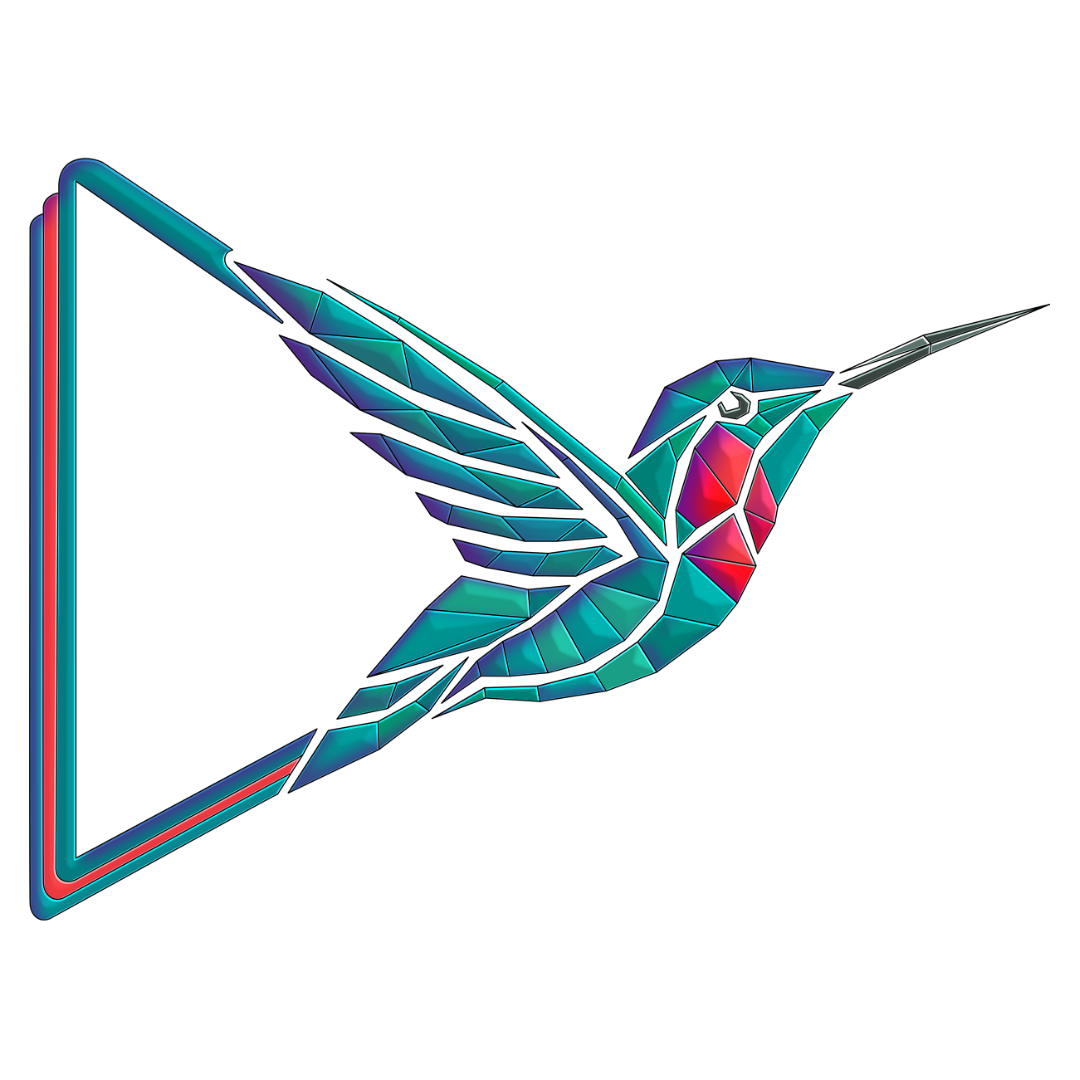 Stylized colorful hummingbird logo with geometric wings and a triangular outline tail.