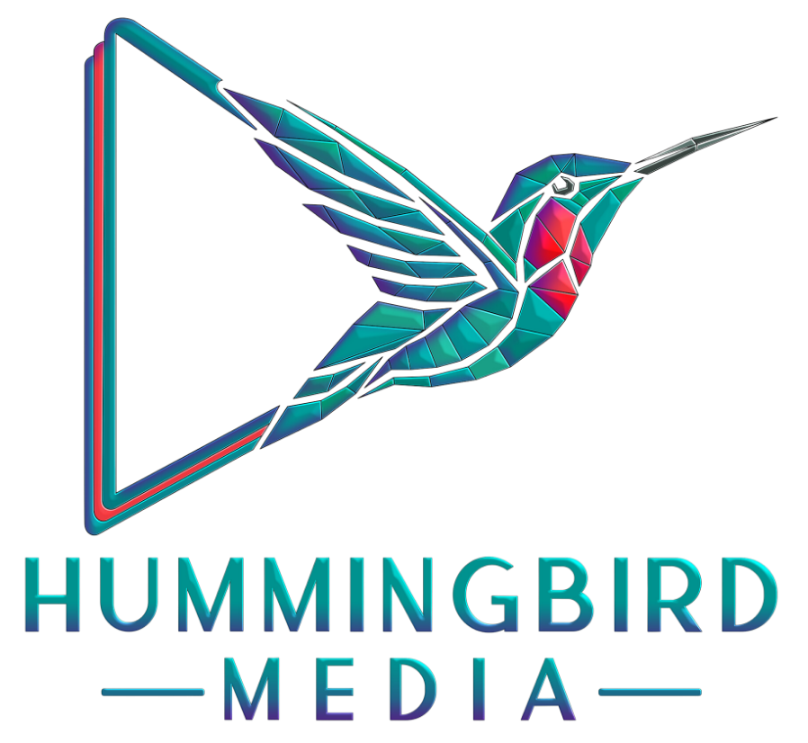 Hummingbird Media logo with a colorful geometric hummingbird and teal text on a white background