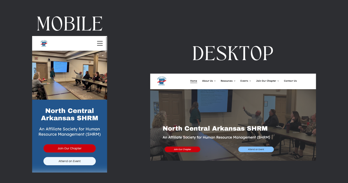 Mobile and desktop website mockups showing a dark blue hero section with red and blue buttons.