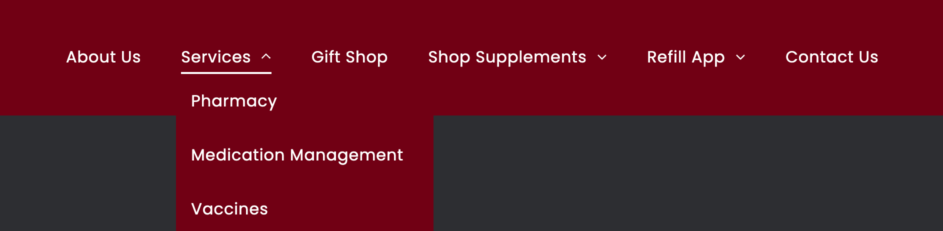 Website header with dark red navigation bar and an open services submenu showing 