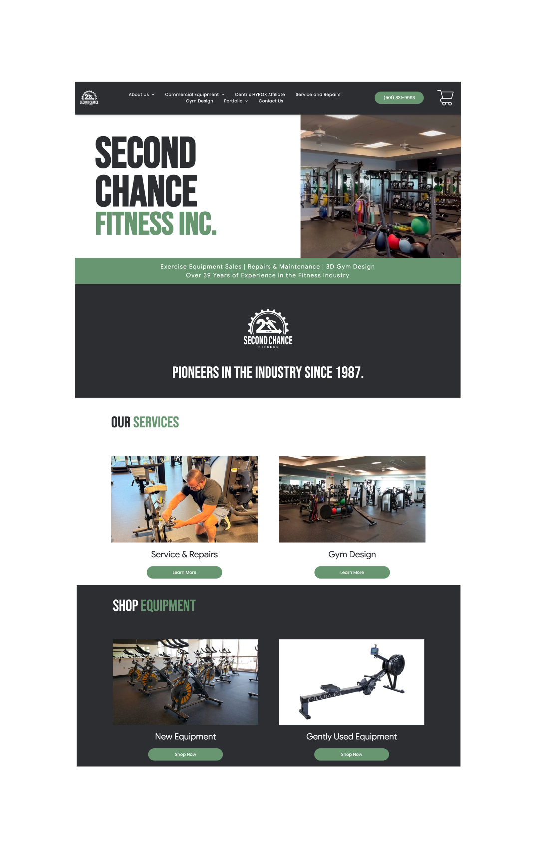 Second Chance Fitness Inc. website homepage with gym photos and a dark green header.