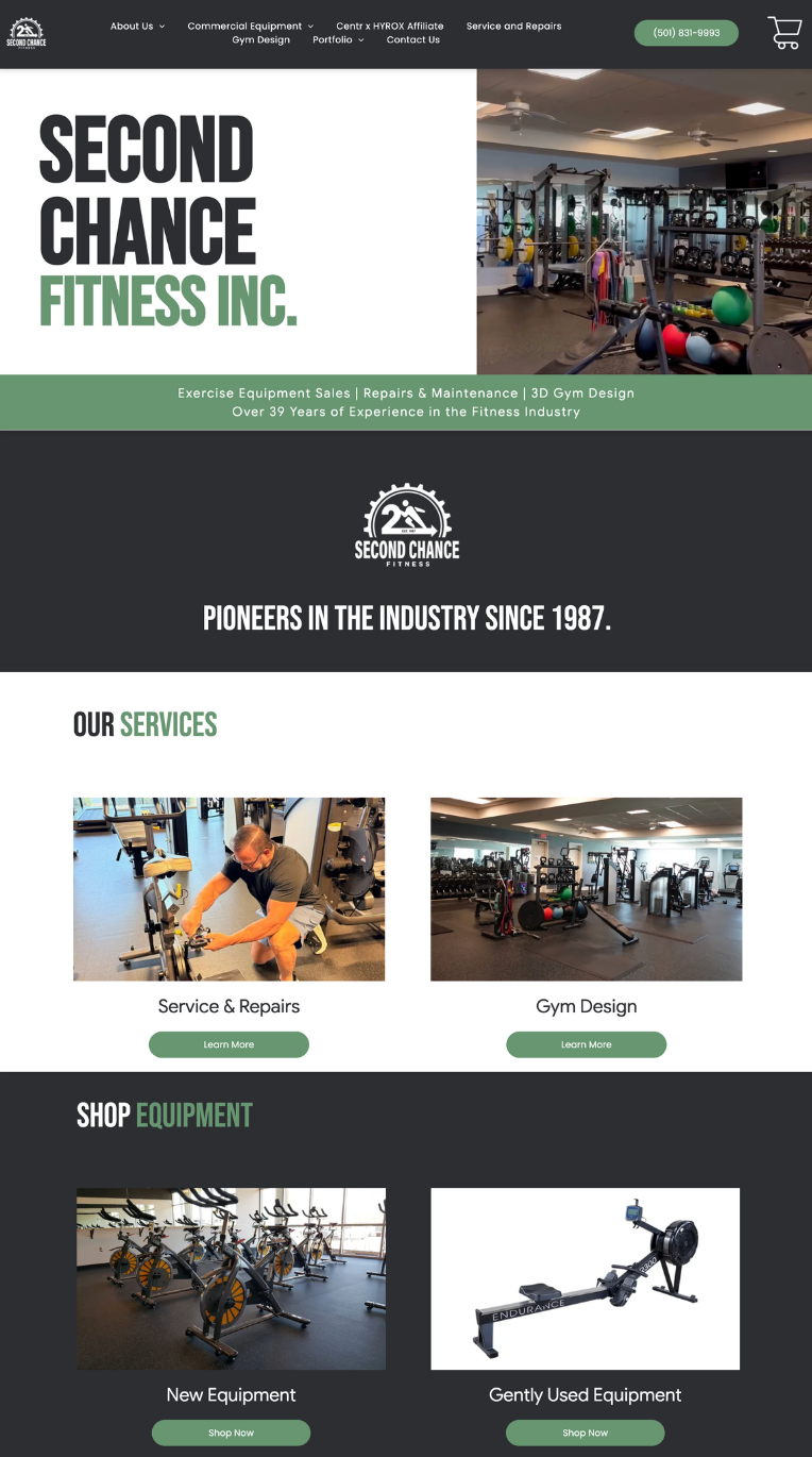 Second Chance Fitness Inc. website homepage with gym photos and a dark green header.