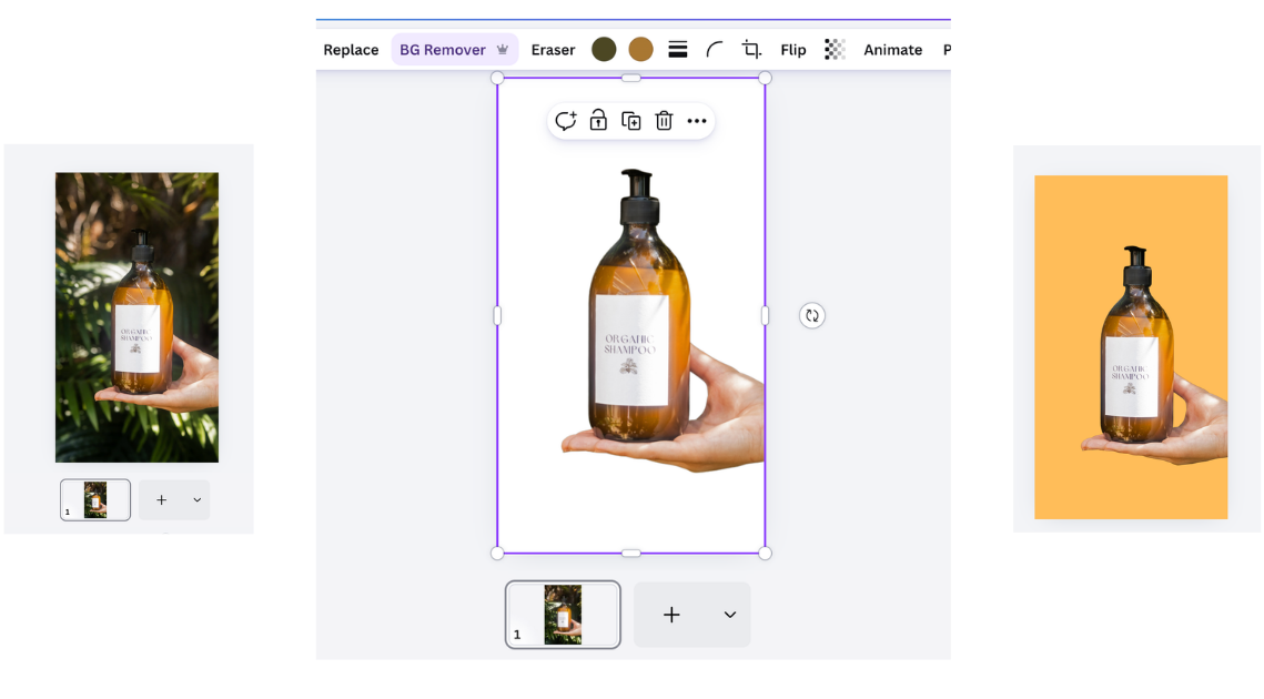 Screenshots showing Canva's background remover tool used to remove the leafy background of a product shot.