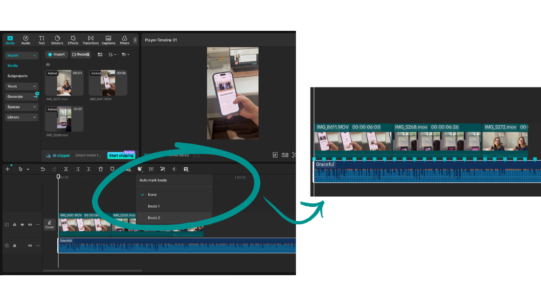 A graphic showing 2 screenshots of CapCut showing the auto mark beats tool.