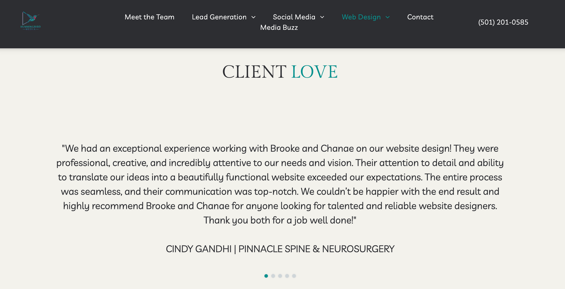 Website homepage with dark navigation bar and centered “CLIENT LOVE” and a client review for Hummingbird Media.