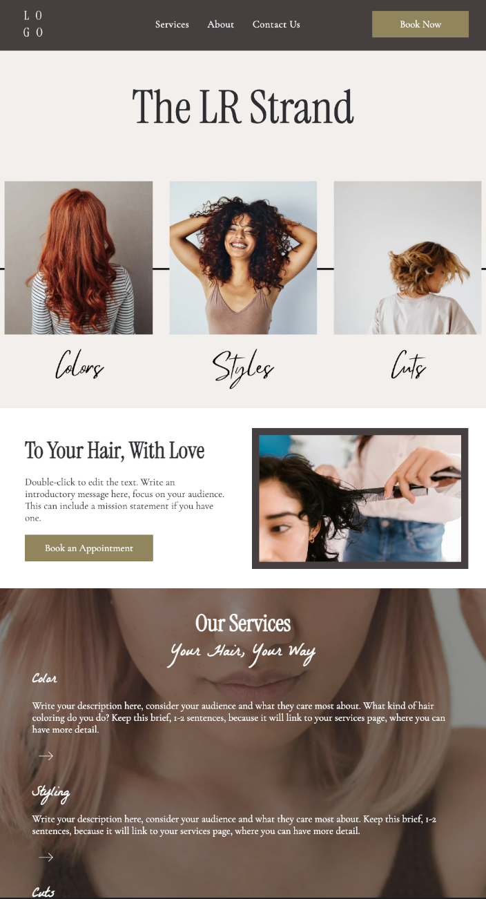 Hair salon website homepage with three hairstyle photos and sections for services and contact details