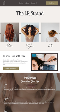 Hair salon website homepage with three hairstyle photos, service highlights, and a booking button
