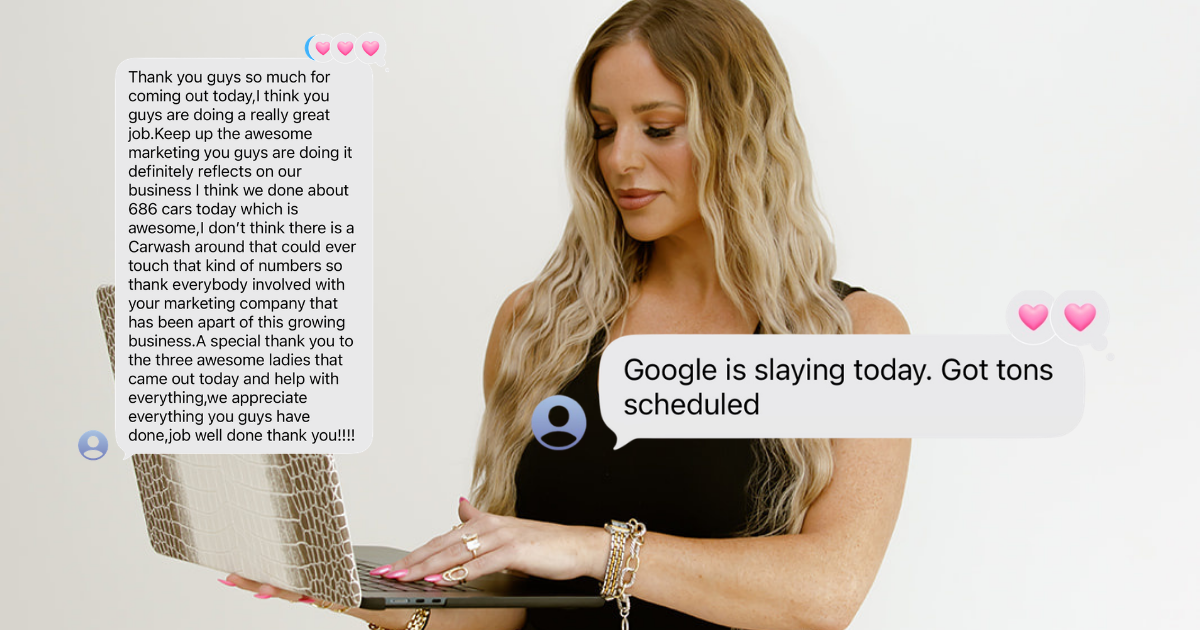 Woman using a laptop with overlaid screenshots of positive text messages from clients.