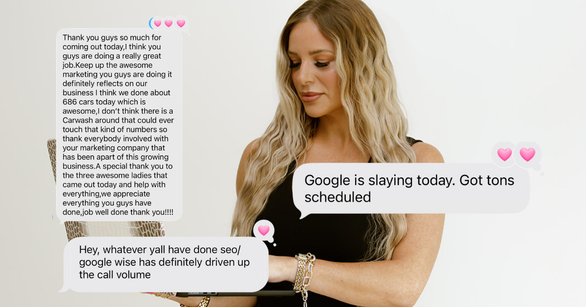 Woman using a laptop with overlaid screenshots of positive text messages from clients.