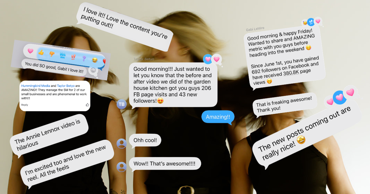 Three women posing indoors with screenshots of positive text messages from clients.
