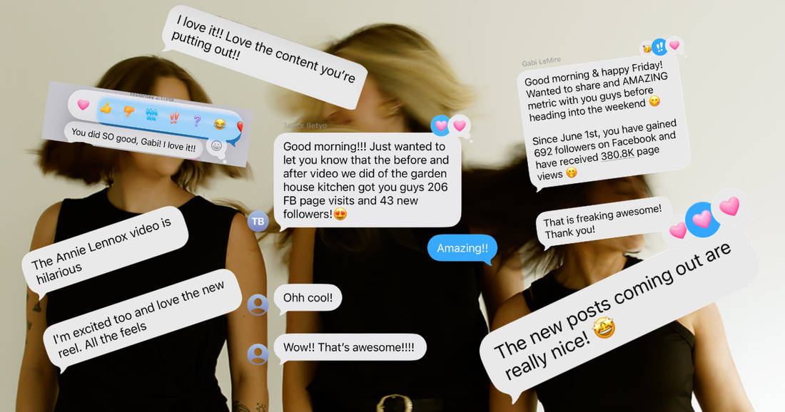 Three women posing indoors with screenshots of positive text messages from clients.