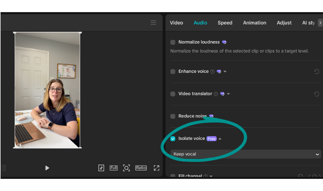 A screenshot of the CapCut video editor with the isolate voice tool circled.