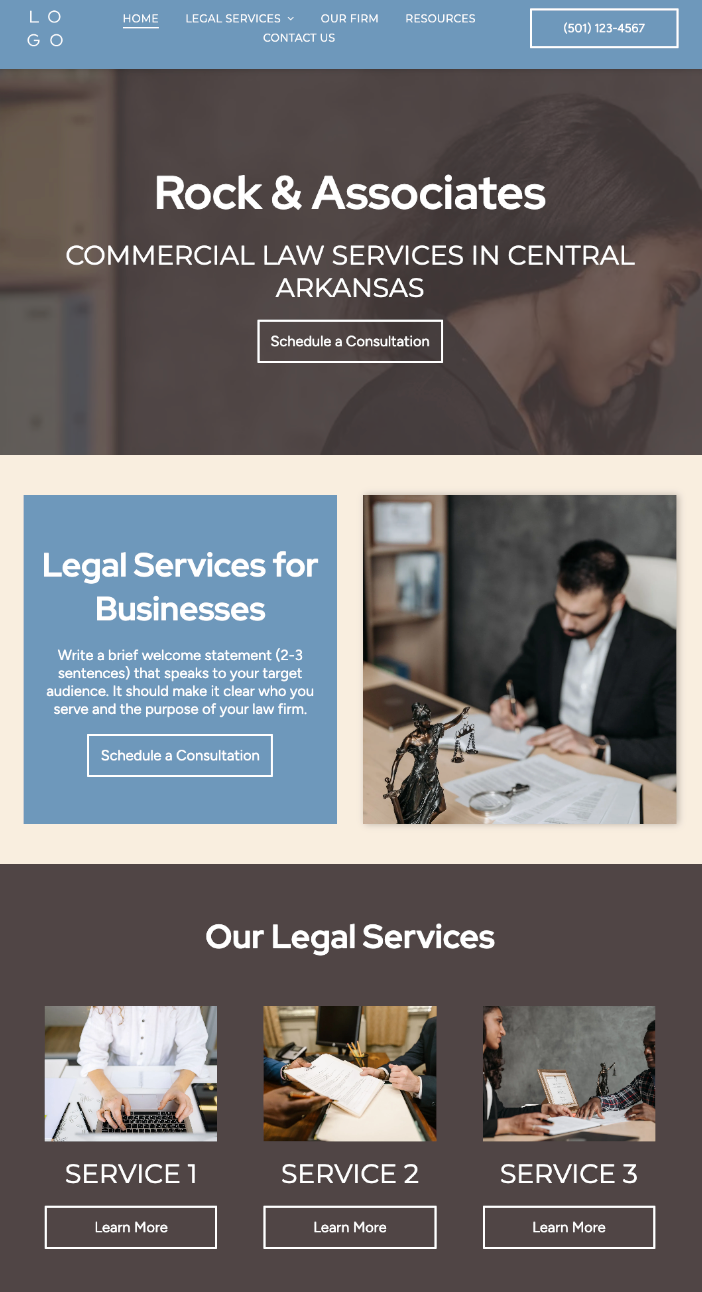 Law firm website homepage with blue header, legal services banner, and service tiles.