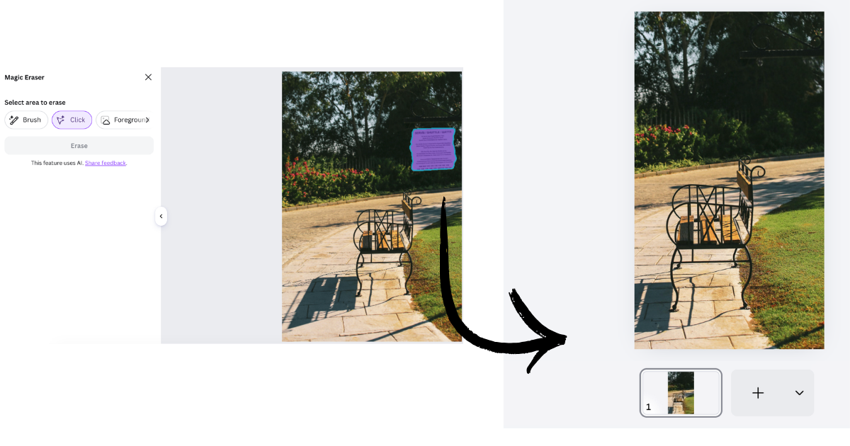 Screenshots showing the magic eraser tool being used to erase a sign in an image of a park bench.